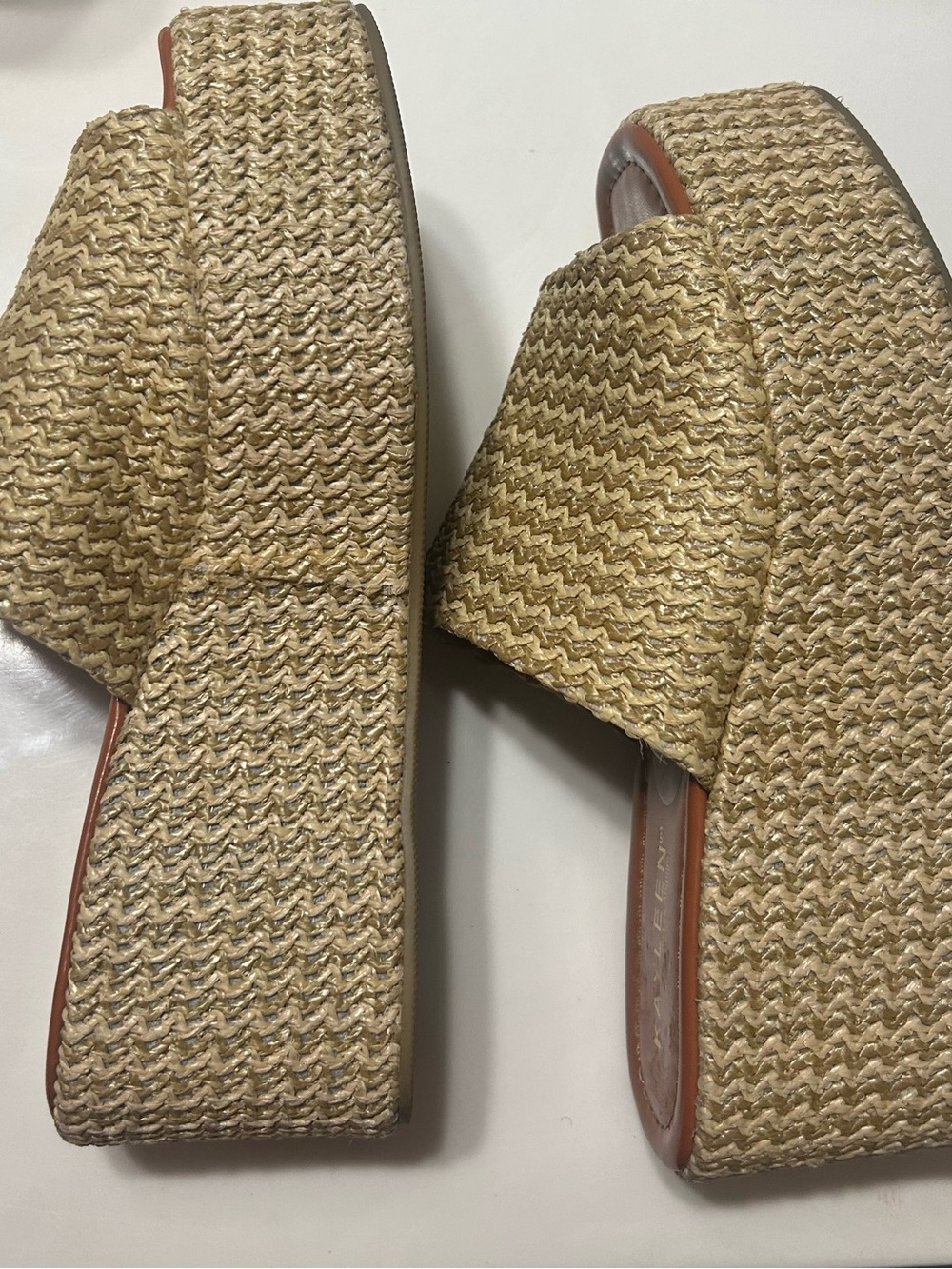 KAYLEEN By Los Angeles Woven Platform Wedge Slides in Natural Straw
